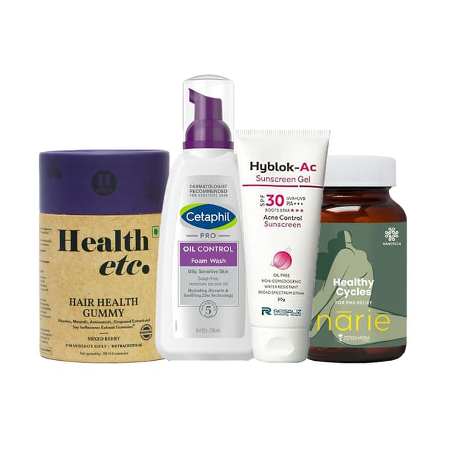 PCOS , Acne and Hair Wellness Routine (Health etc Hair Health Gummy 30nos + Cetaphil PRO Oil Control Foam Face Wash for Acne & Oily Prone Skin 263ml + Regaliz Hyblok-AC Sunscreen Gel 50gm + Zeroharm Narie Healthy Cycles 60 Tablets)