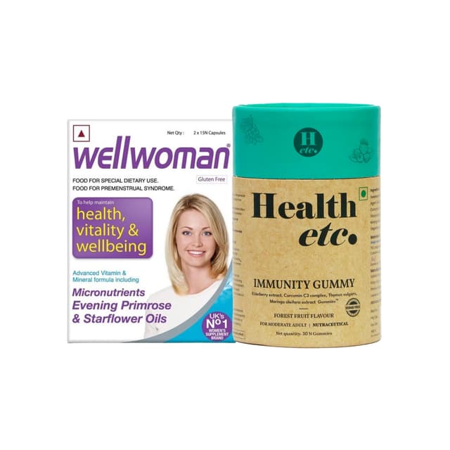 Premenstrual Women’s Multivitamin Support (Age 30+) (Vitabiotics Wellwoman 30 Capsules(2×15’s) + Health etc Immunity Gummy (30 Gummies)