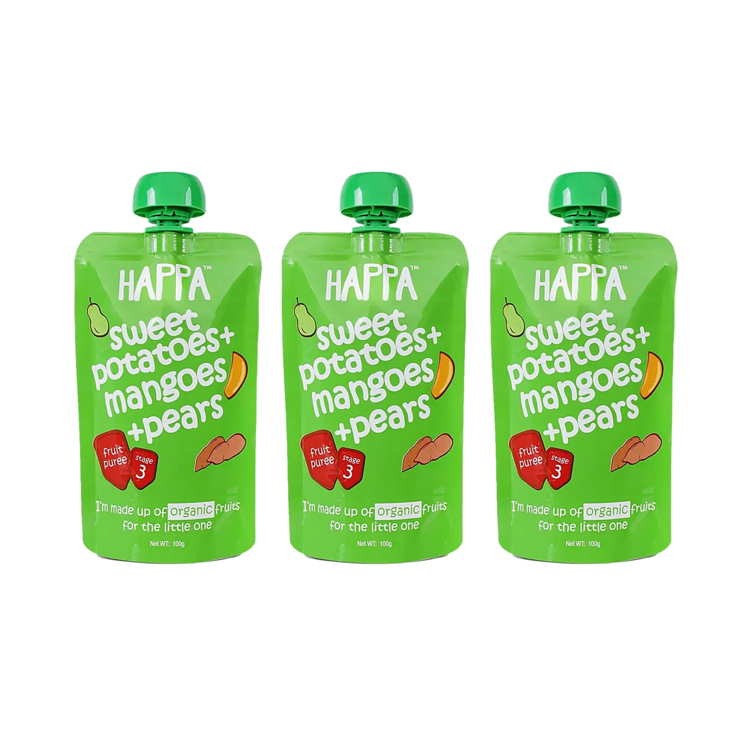 Happa Organic Sweet Potato with Mango and Pear Puree, Stage 3, 8 Months+ 100g Each (Pack of 3)