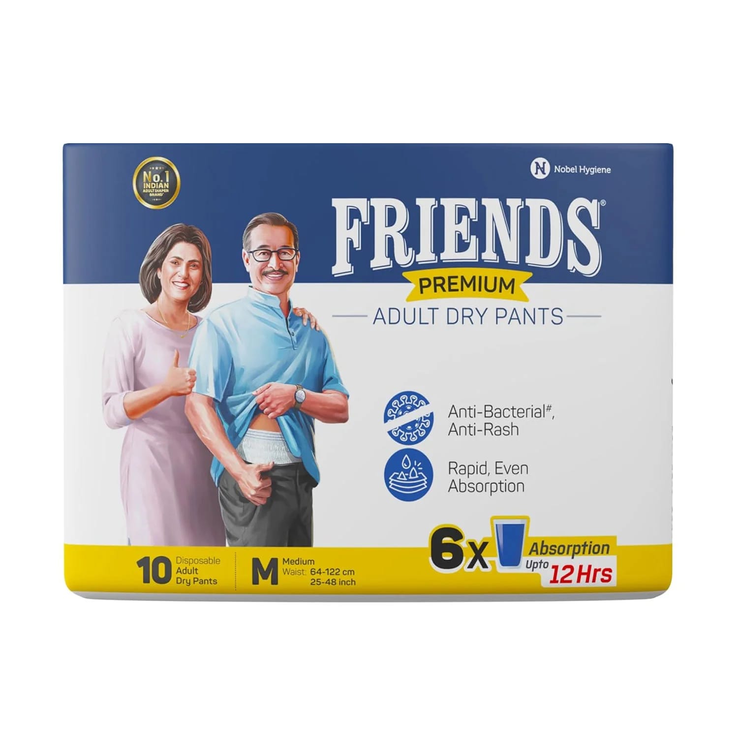 Friends Premium Adult Diapers, Pant Style, 12 Hours Protection Medium Waist Size 64-122 cm (10 Diapers)