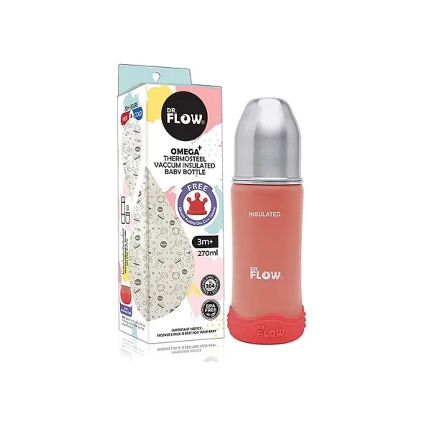 Dr.Flow Omega plus Insulated Stainless Steel Feeding Bottle for Babies from 3+ Months (270ml)