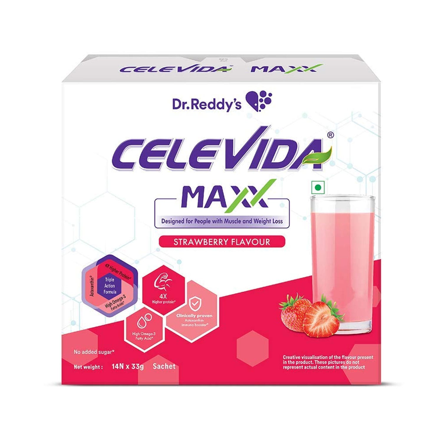 Celevida Maxx High Protein and Immunity Supplement for Muscle Health Strawberry Flavour (14 sachets x 33g)
