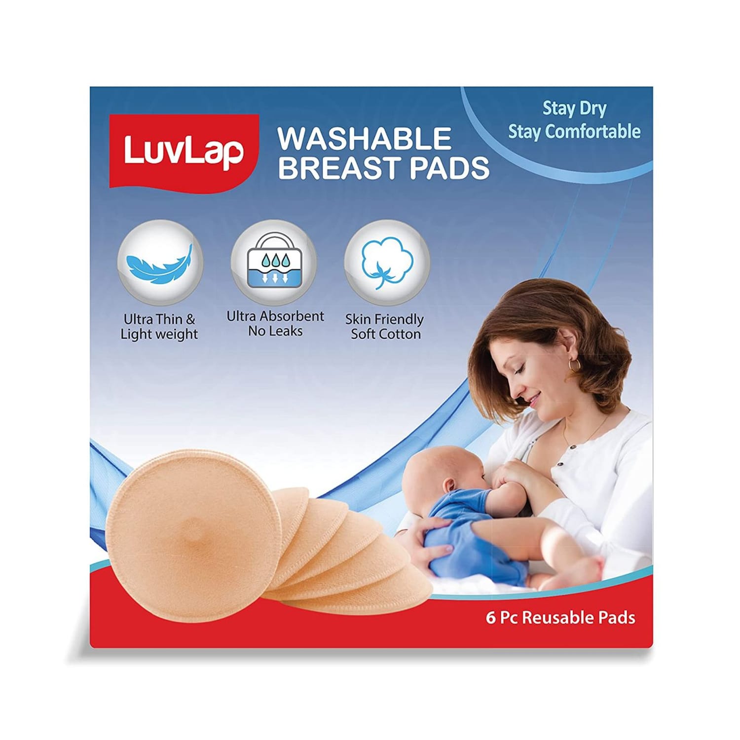 LuvLap Washable Breast Pad, 6 Pcs (M.No 18799)