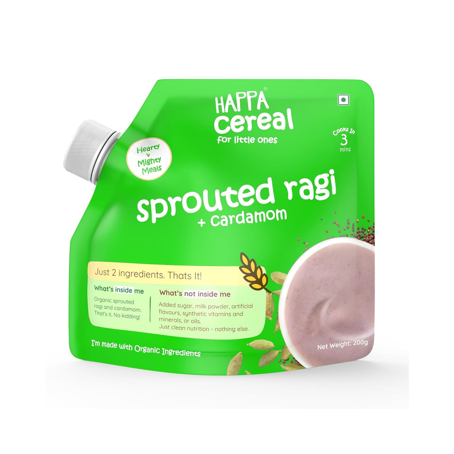Happa Organic Sprouted Ragi and Cardamom Porridge, Stage 2, 6 Months+ 200g