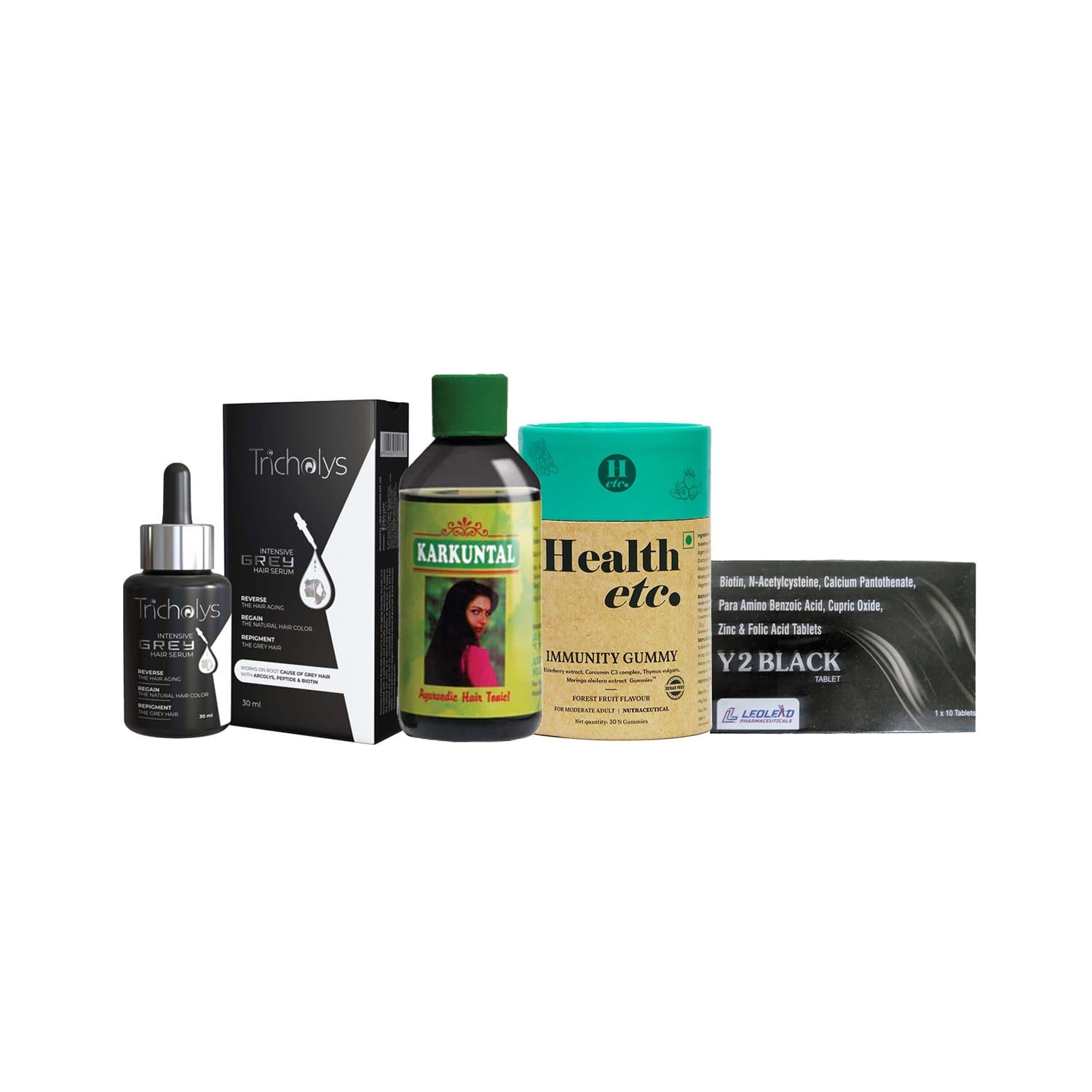 Anti Grey Hair Kit Complete Hair + Immunity Care (Y2 Black Capsule 10nos + AVN Karkunthal Hair Oil 200ml + Tricholys Intensive Grey Hair Serum 30ml + Health etc Immunity Gummy (30 Gummies)