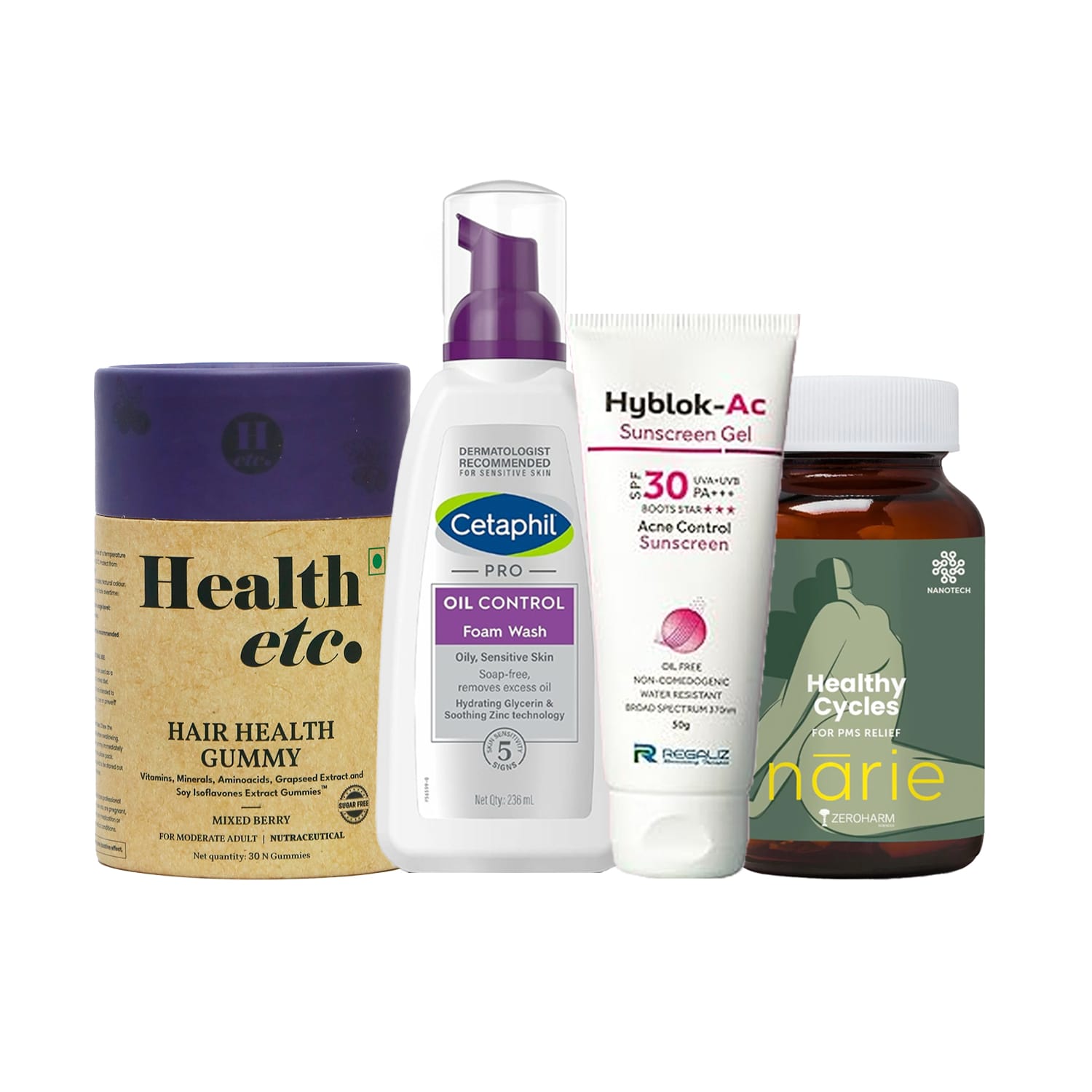 PCOS , Acne and Hair Wellness Routine (Health etc Hair Health Gummy 30nos + Cetaphil PRO Oil Control Foam Face Wash for Acne & Oily Prone Skin 263ml + Regaliz Hyblok-AC Sunscreen Gel 50gm + Zeroharm Narie Healthy Cycles 60 Tablets)