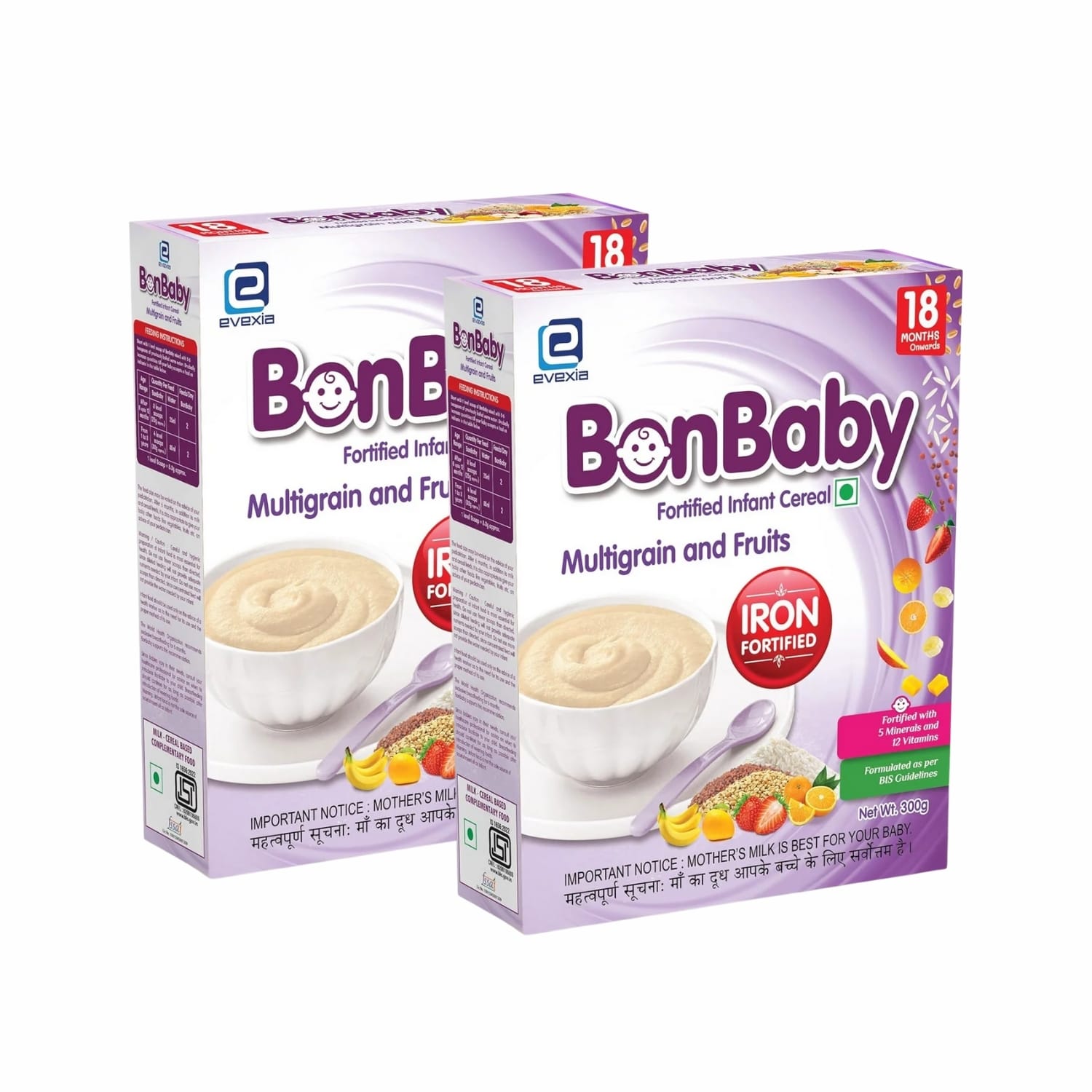 Evexia Bonbaby Fortified Infant Cereal Multigrain and Fruits for Babies from 18 Months - 300g (Pack of 2)