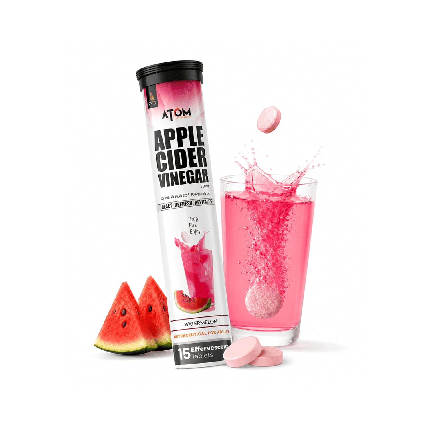 ASITIS Atom Apple Cider Vinegar Effervescent Tablets Watermelon Flavour (15 Nos)