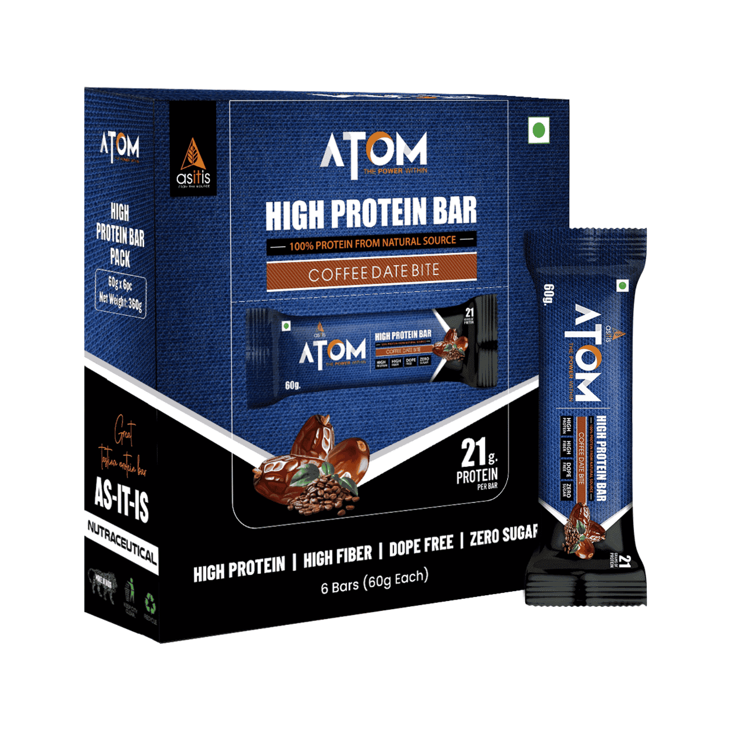ASITIS Atom Protein Bar Coffee Date Bite Flavour (Pack of 6 Each 60gm)