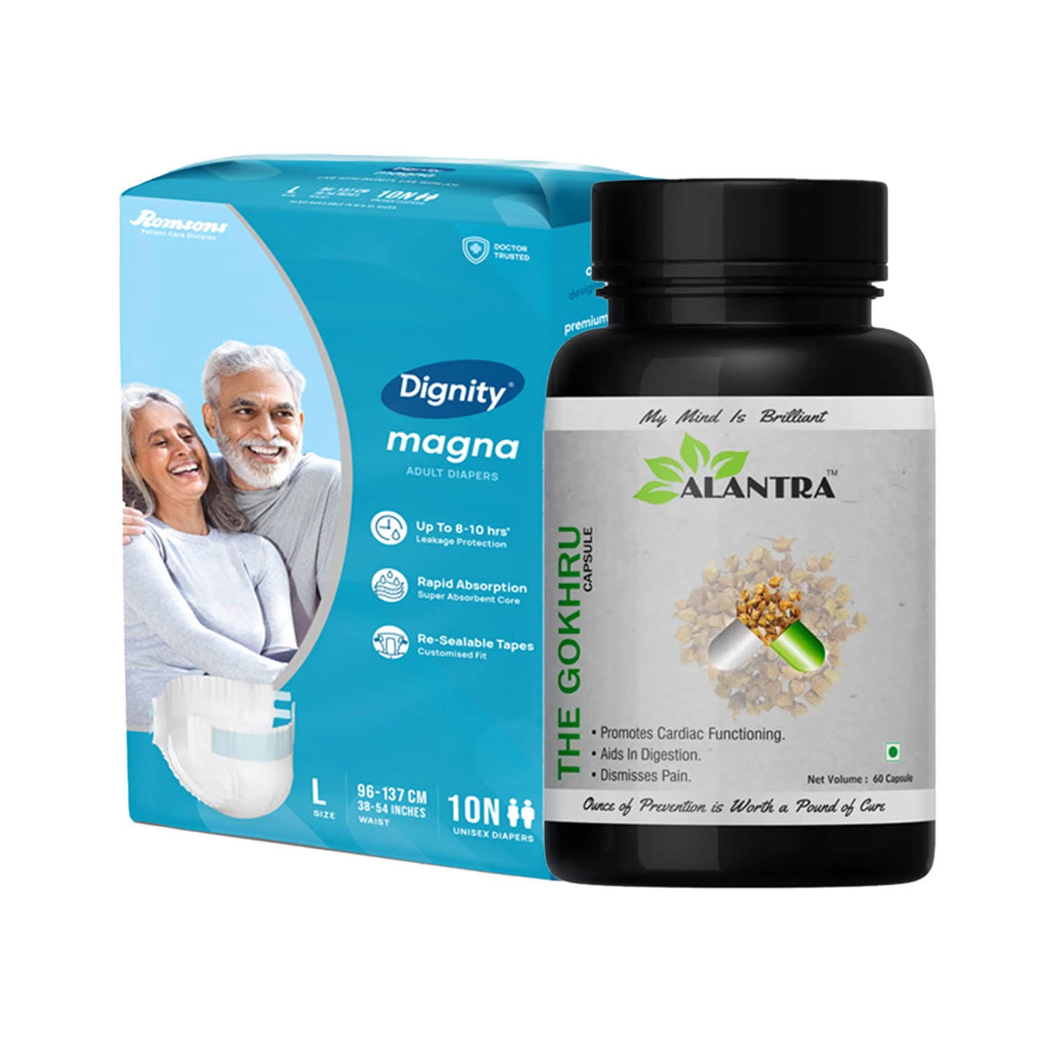 Heavy Incontinence (Alantra The Gokhru Capsule - 60 nos + Romsons Magna Adult Diaper Large Waist Size 38-54 inches – 10 nos)