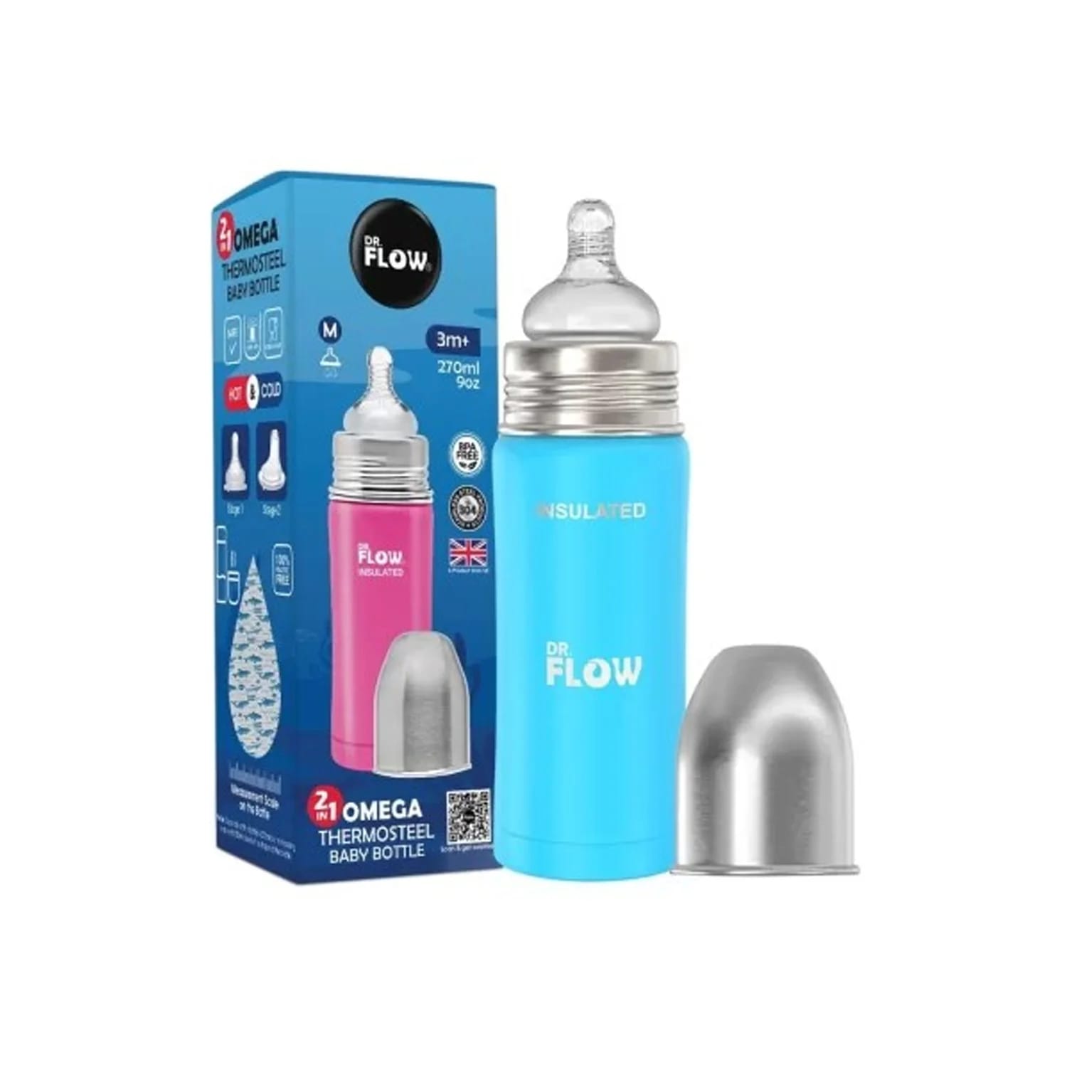 Dr.Flow Omega Insulated Stainless Steel Feeding Bottle for Babies from 3+ Months (270ml)