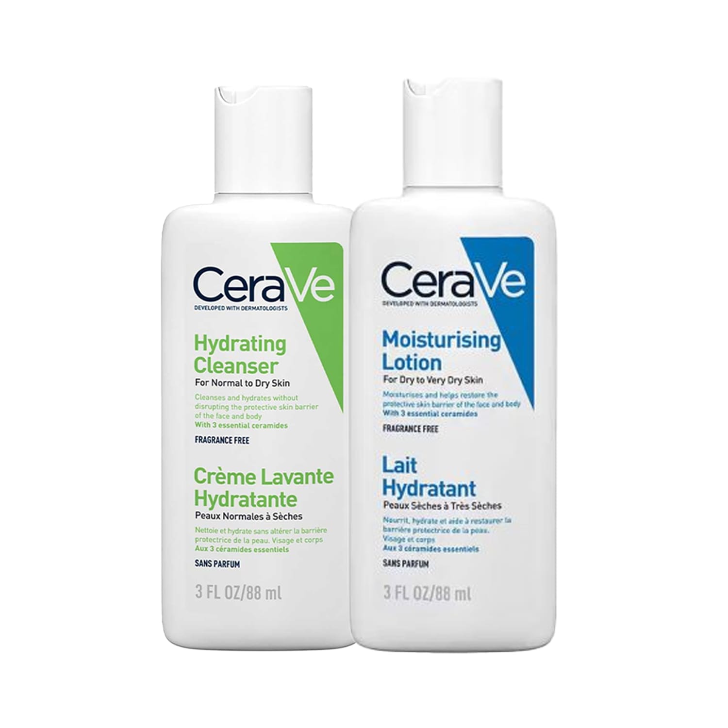 Combo of (Cerave Hydrating Facial Cleanser for Normal to Dry Skin (Fragrance Free) “ 88ml + CeraVe Moisturising Lotion (88 ml)