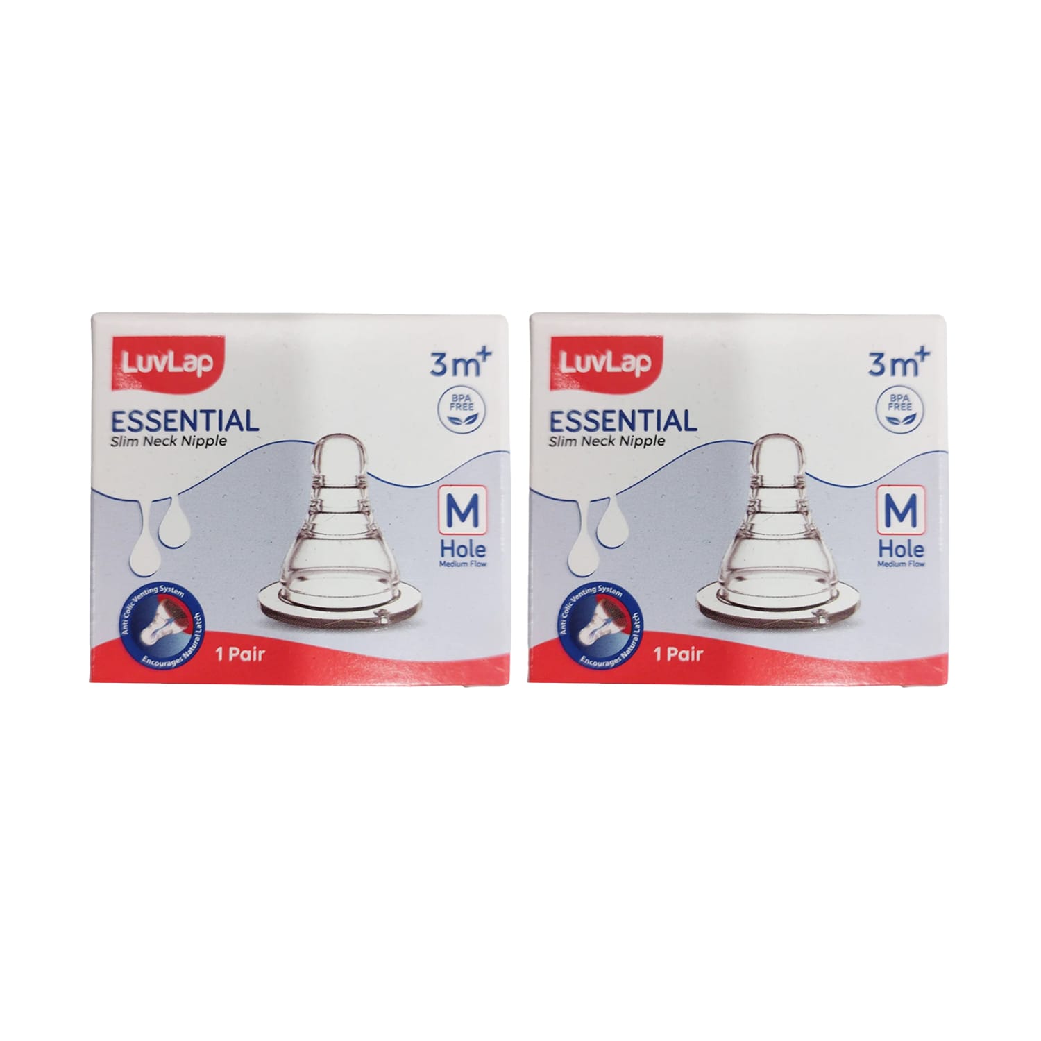 LuvLap Anti-Colic Essential Teat/Nipple for Slim Neck Bottle - Medium Flow 3M+ M Hole (Pack of 2)