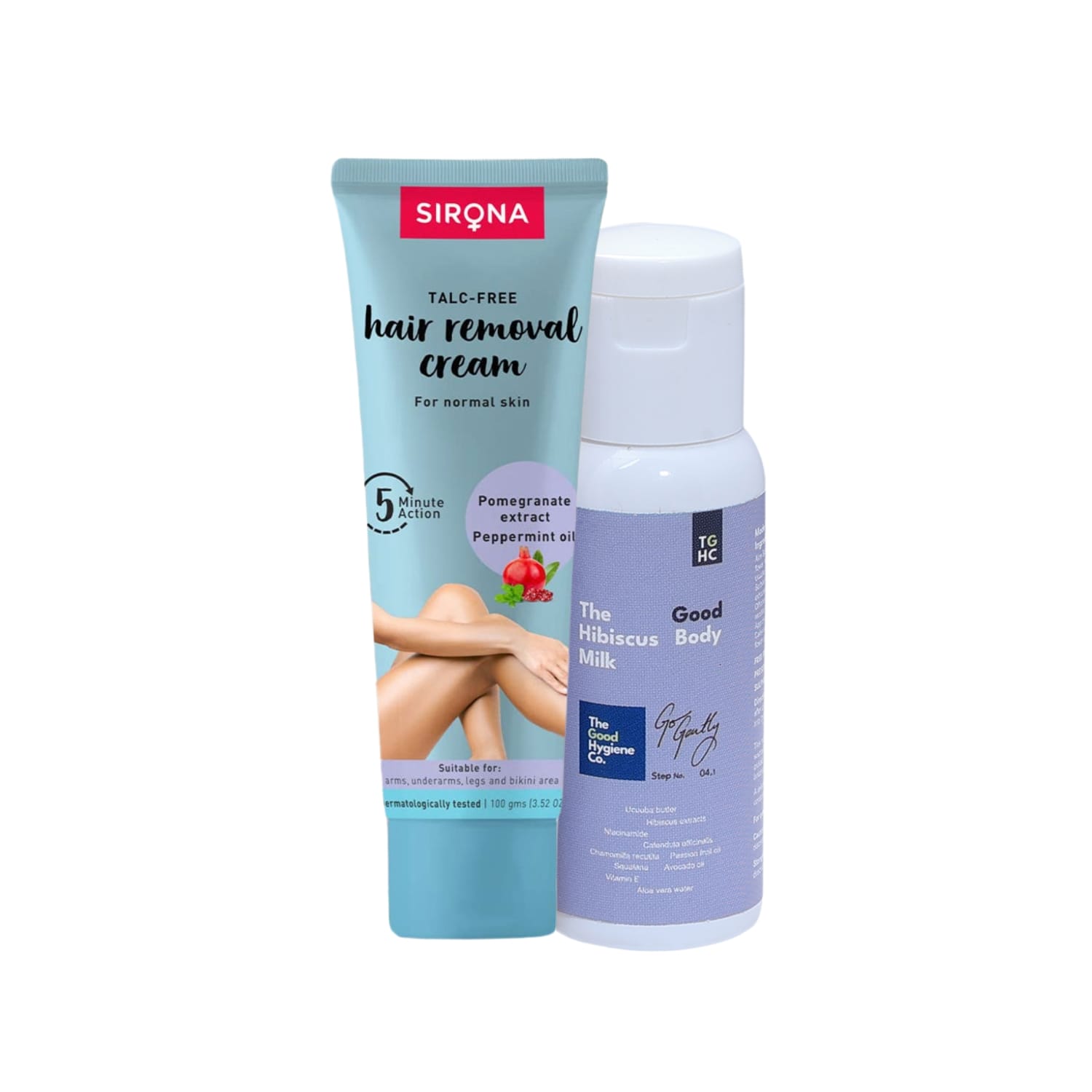 Smooth Hair Removal – Normal Skin (The Good Hibiscus Body Milk (30 ml) + Sirona Hair Removal Cream – For Arms, Legs, Bikini Area and Underarms (100 gms)
