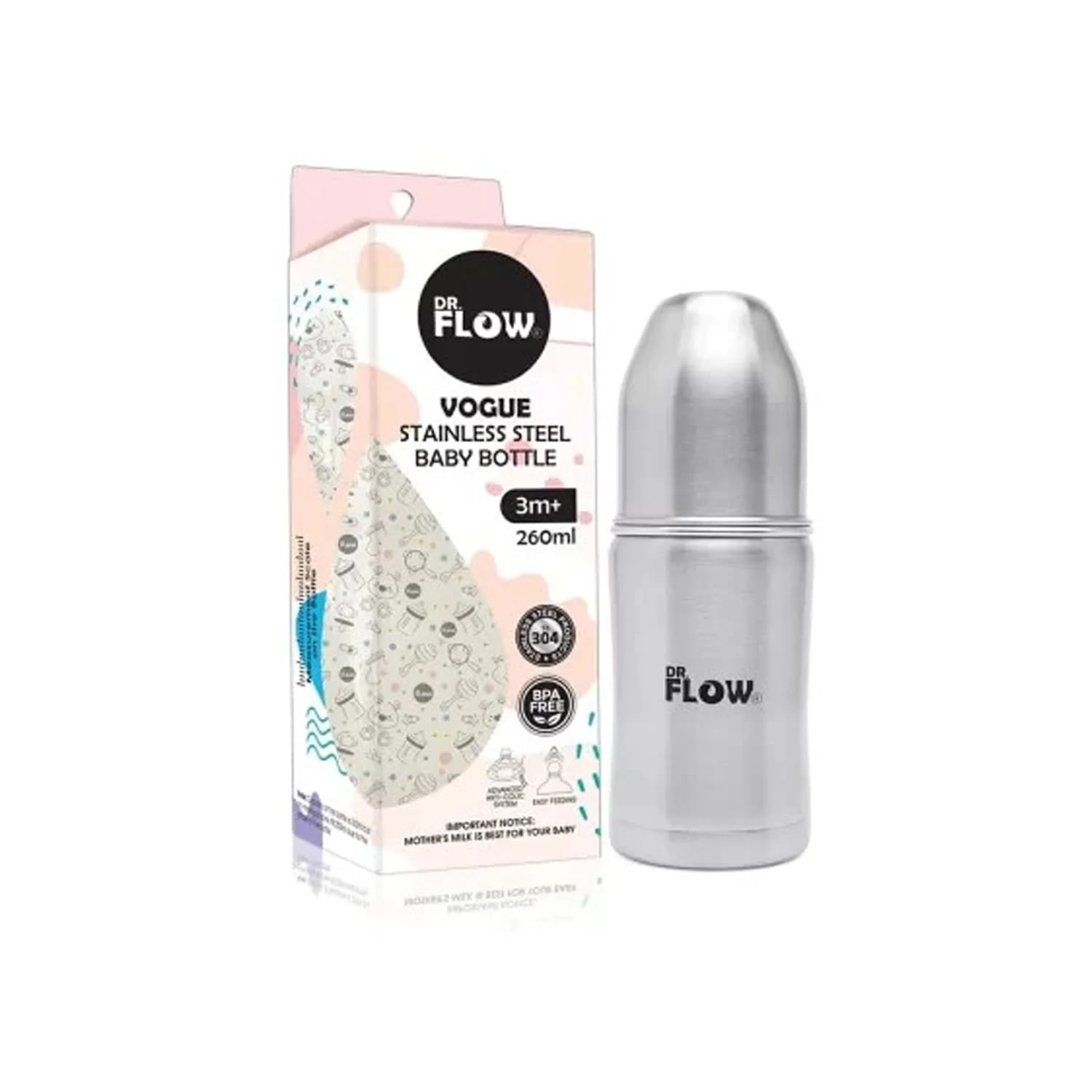 Dr.Flow Vogue Stainless Steel Baby Feeding Bottle for Babies from 3+ Months (260ml)