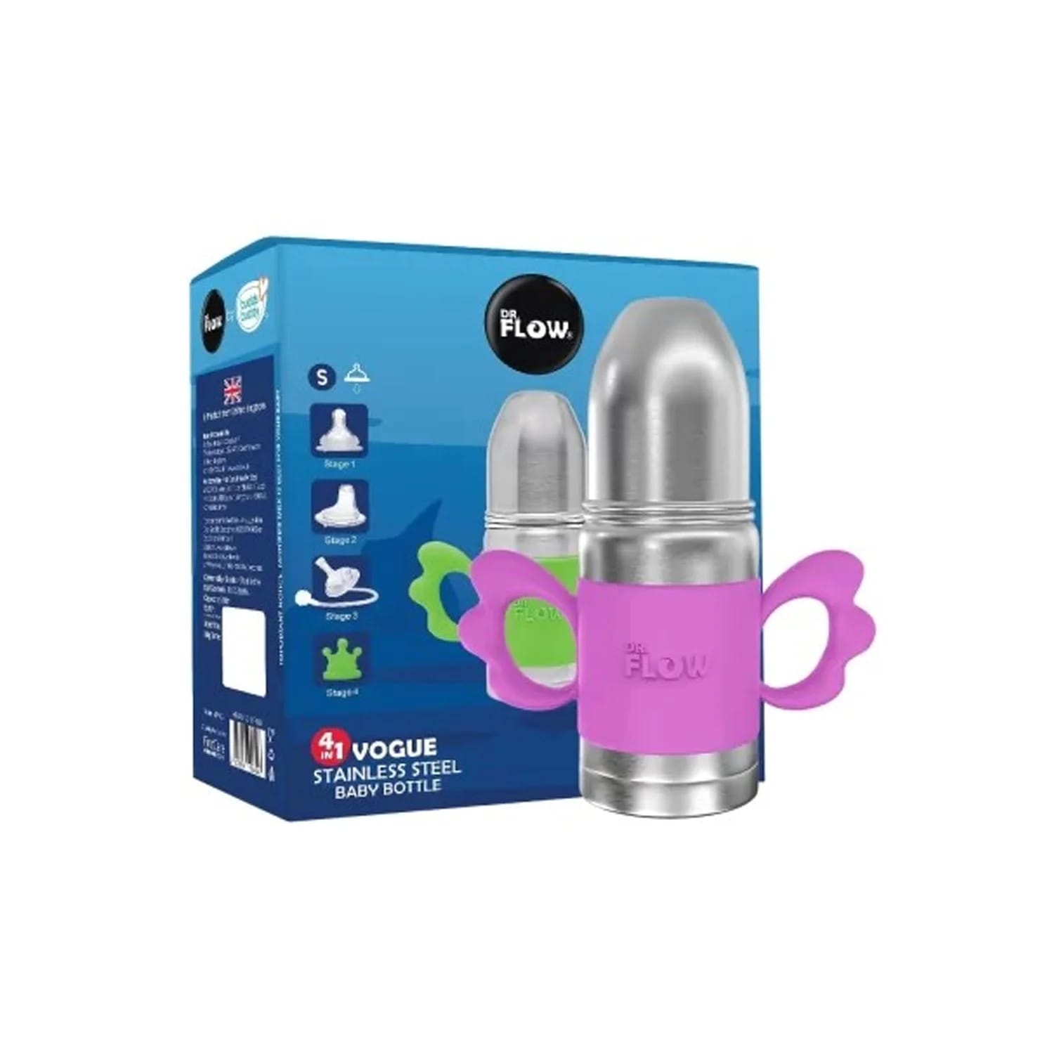 Dr.Flow 4in 1 Vogue Plus Stainless Steel Feeding Bottle for Babies from 3+ Months (260ml)