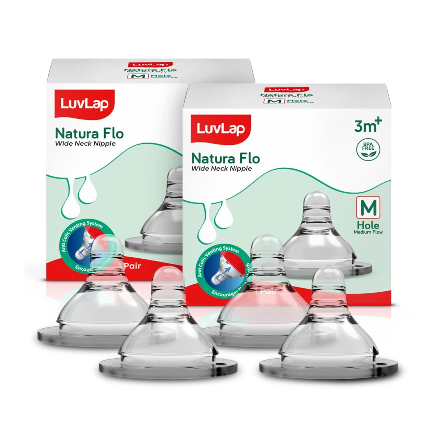 LuvLap Natura Flo Wide Neck Nipple - Medium Flow For 3m+Baby (Pack of 2)