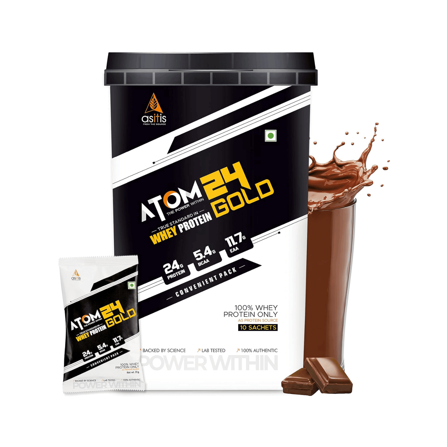 ASITIS Atom 24 Gold Whey Protein 10 Sachets (Double Rich Chocolate Flavour)