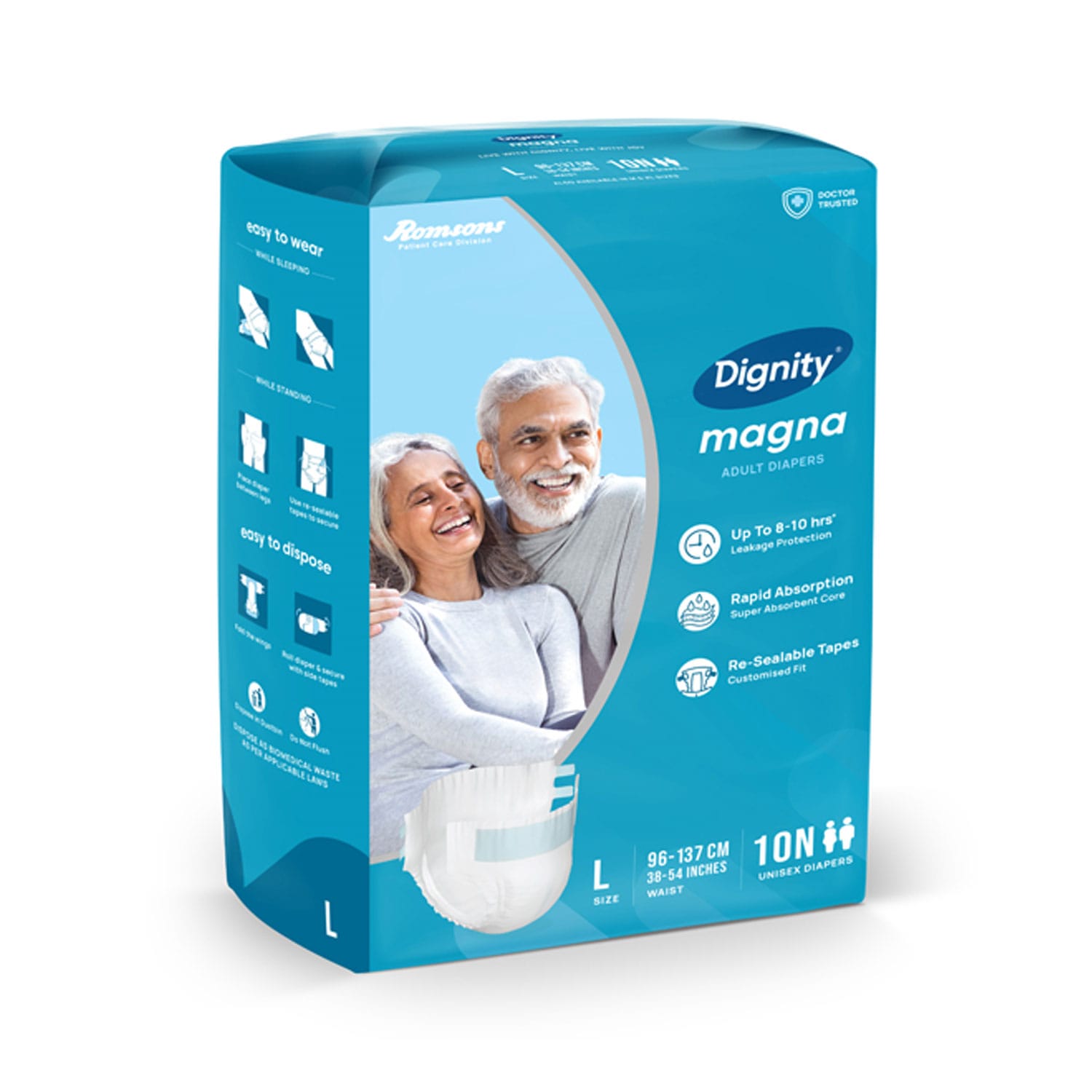 Romsons Magna Adult Diaper Medium Waist Size 28-45 inches - 10 Diapers