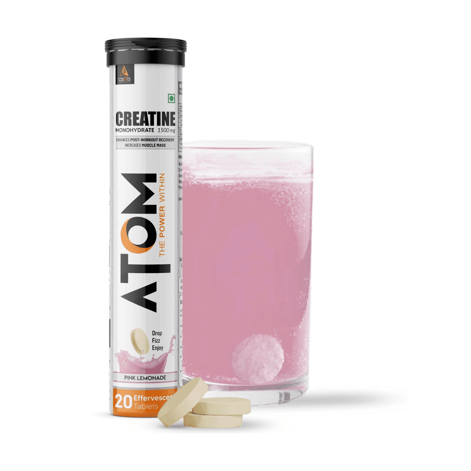 ASITIS Atom Creatine Monohydrate 1500mg Effervescent Pink Lemonade (20 Tablets)