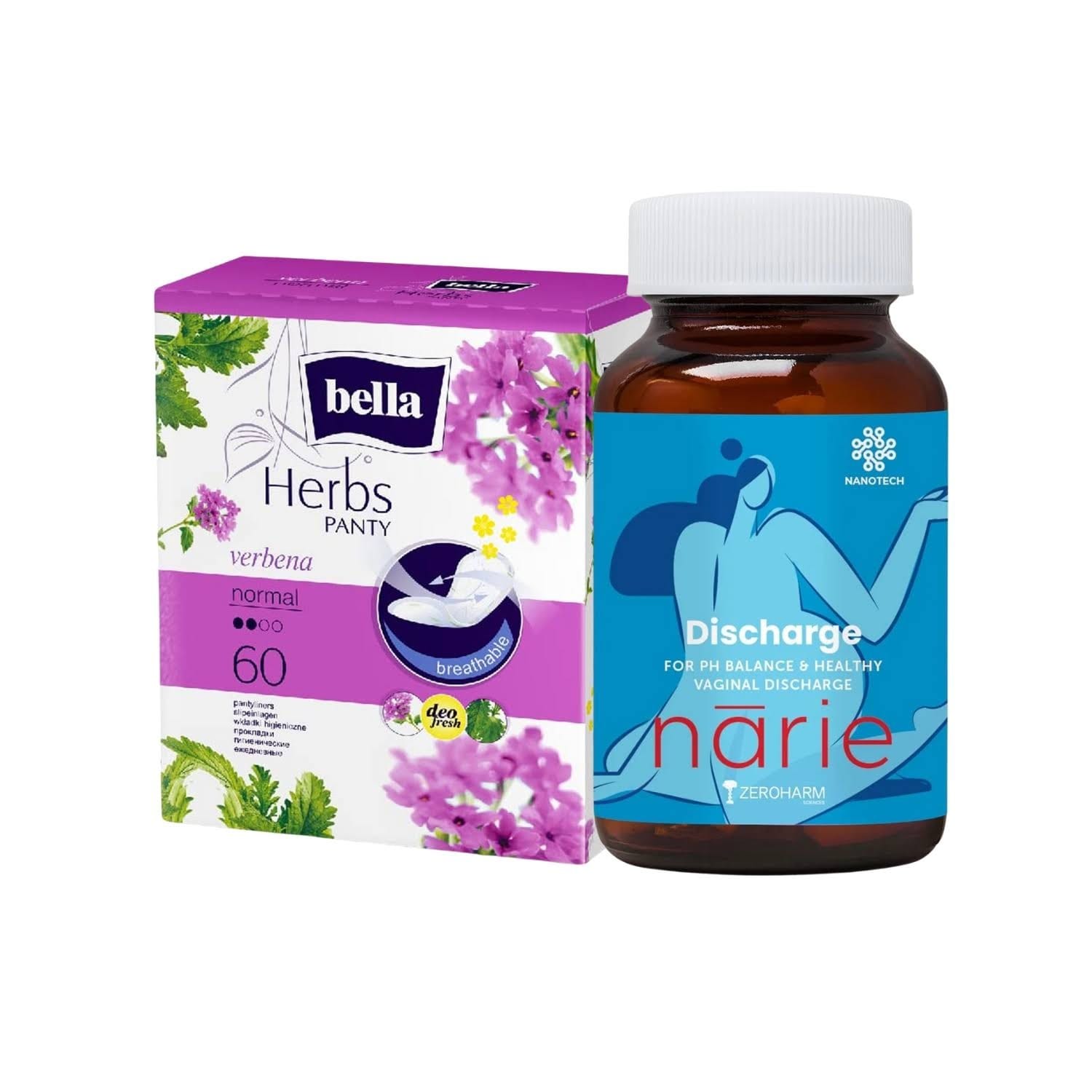 Everyday White Discharge Relief (Bella Herbs Panty Liners Verbana Normal for White Discharge and Light Spotting – 60 Pieces + Zeroharm Narie Discharge – 60 Veg Capsules)
