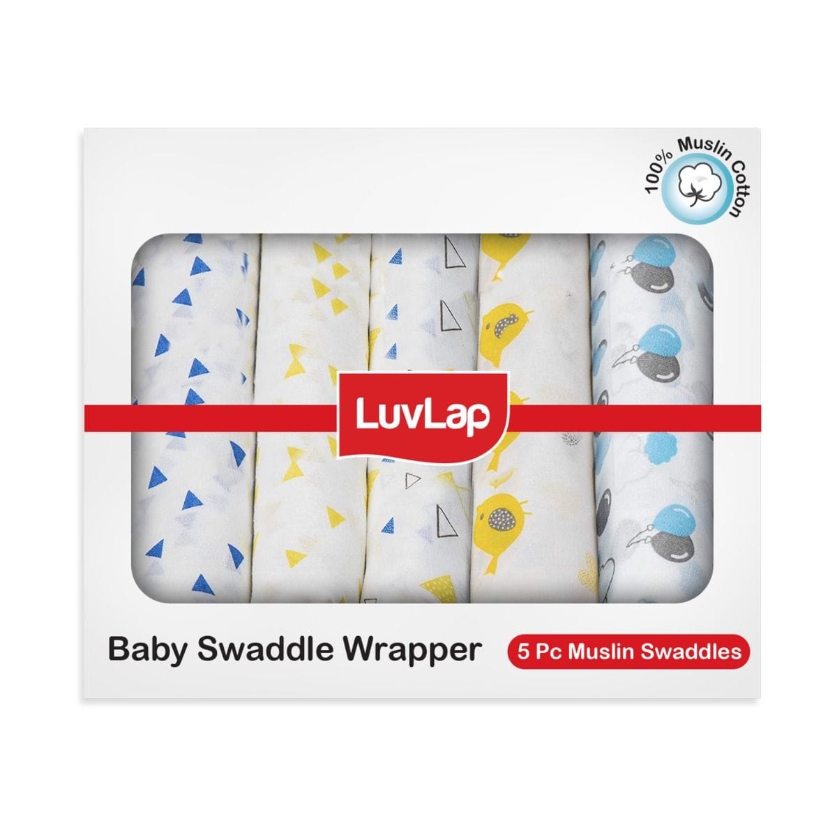 LuvLap 100% Cotton Muslin Baby Swaddle Pack Of 5 - Triangles Bird And Balloons (M.No 18958)