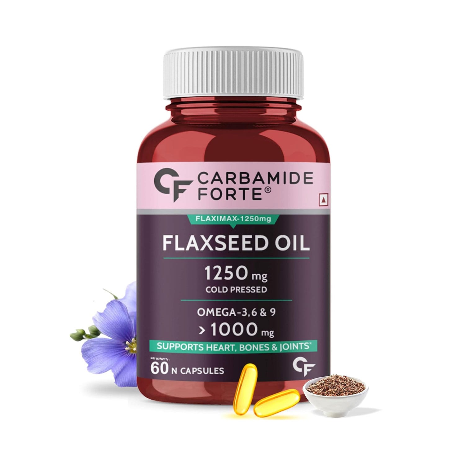 Carbamide Forte Flaxseed Oil 1250mg Cold Pressed Capsules for Heart, Bones and Joints - 60 Capsules