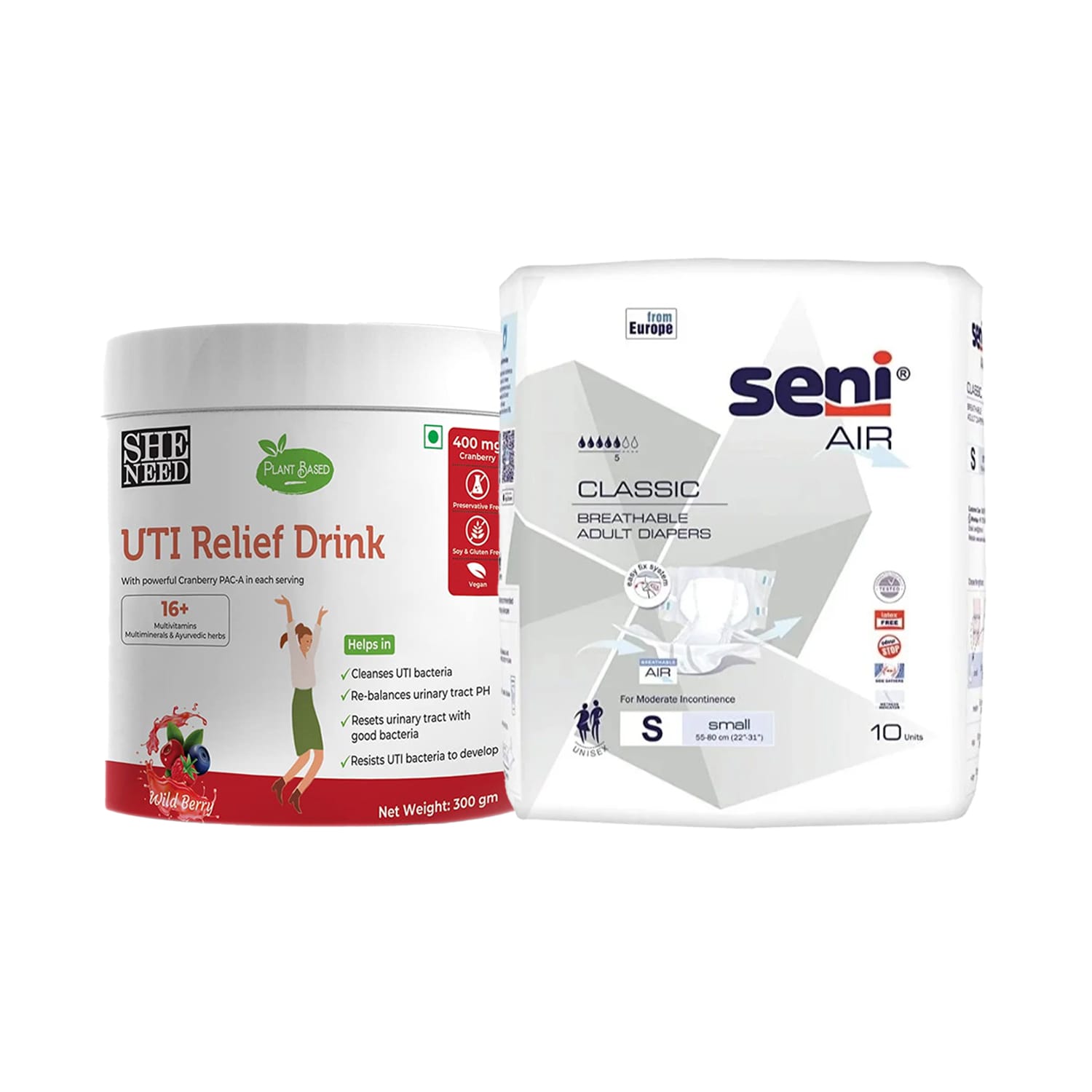 Heavy Incontinence (Sheneed Plant Based UTI Relief Drink for Women 300g + Seni Air Classic Breathable Adult Diapers Small 55-80cm (10 Pieces)
