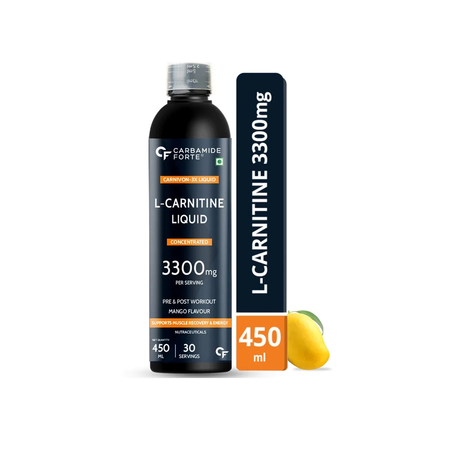 Carbamide Forte L-Carnitine Liquid with Added B Complex 3300mg for Muscle Recovery 450ml (Mango Flavour)