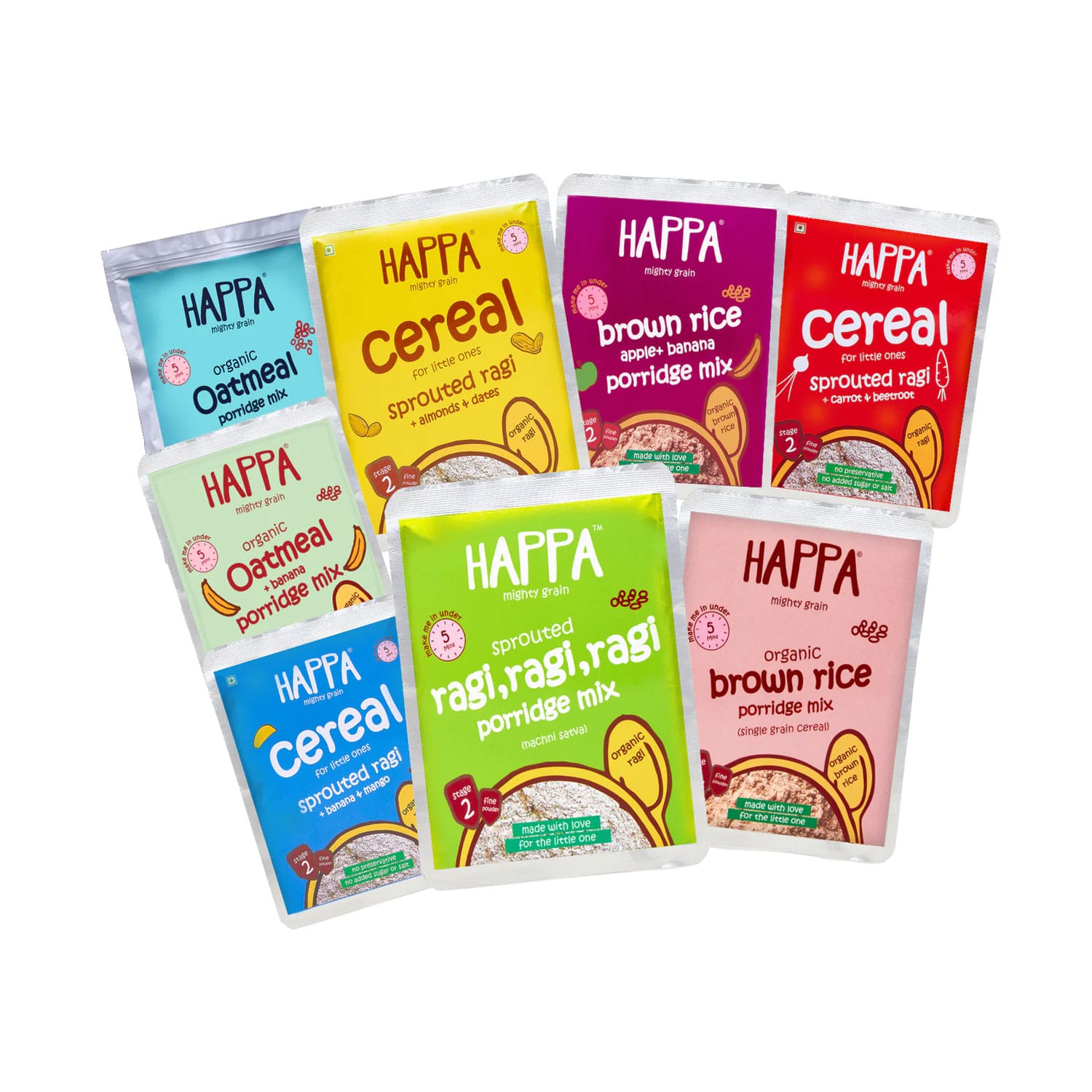 Happa Organic Trial Pack of Cereal (Ragi Cereal + Oatmeal Cereal + Brown Rice Cereal) 6 Months+ 50g Each (Pack of 8)
