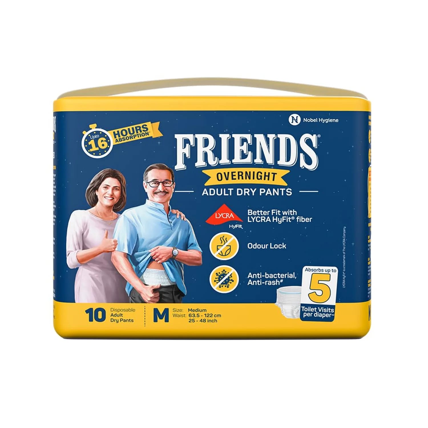 Friends Overnight Adult Diapers, Pant Style, 16 Hours Protection Medium Waist Size 63.5 -122 cm (10 Diapers)