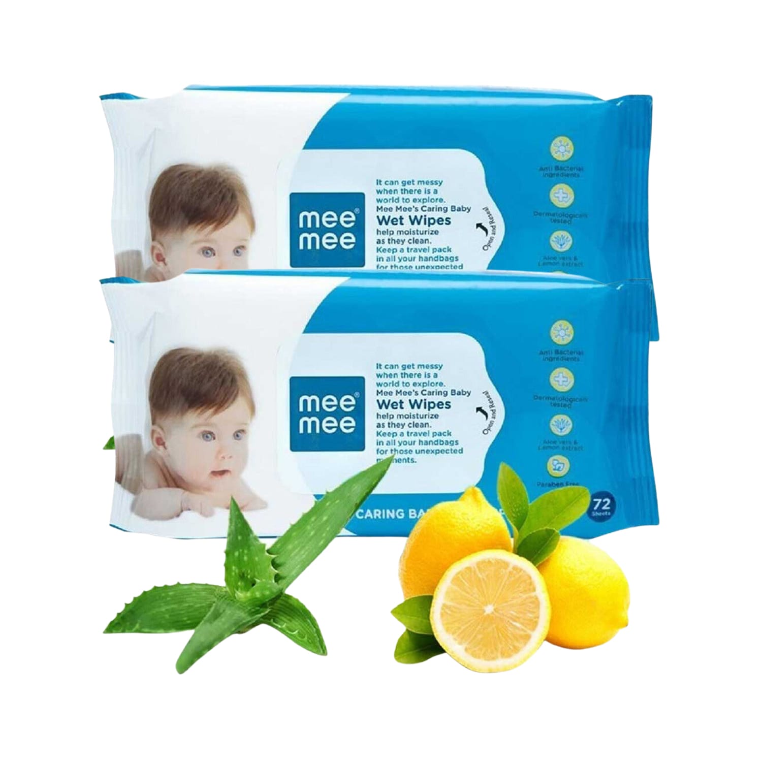Mee Mee Caring Baby Wet Wipes With Aloe Vera And Lemon Extracts 72Pcs - (Pack of 2)