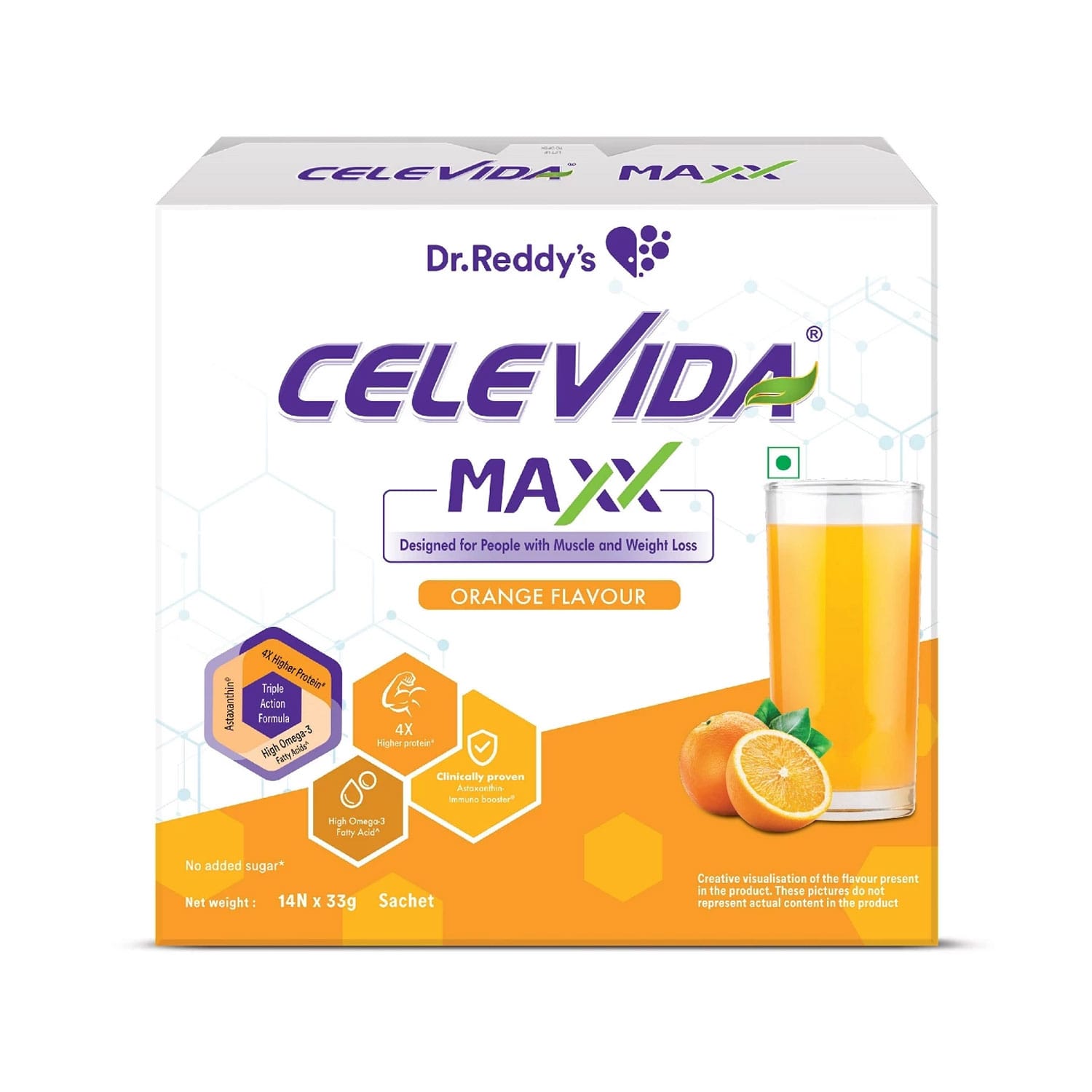 Celevida Maxx High Protein and Immunity Supplement for Muscle Health Orange Flavour (14 sachets x 33g)