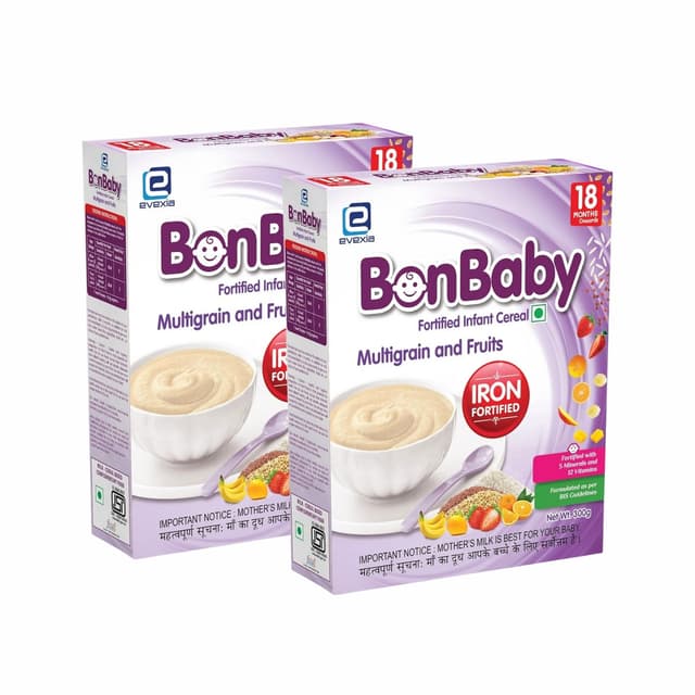 Evexia Bonbaby Fortified Infant Cereal Multigrain and Fruits for Babies from 18 Months - 300g (Pack of 2)