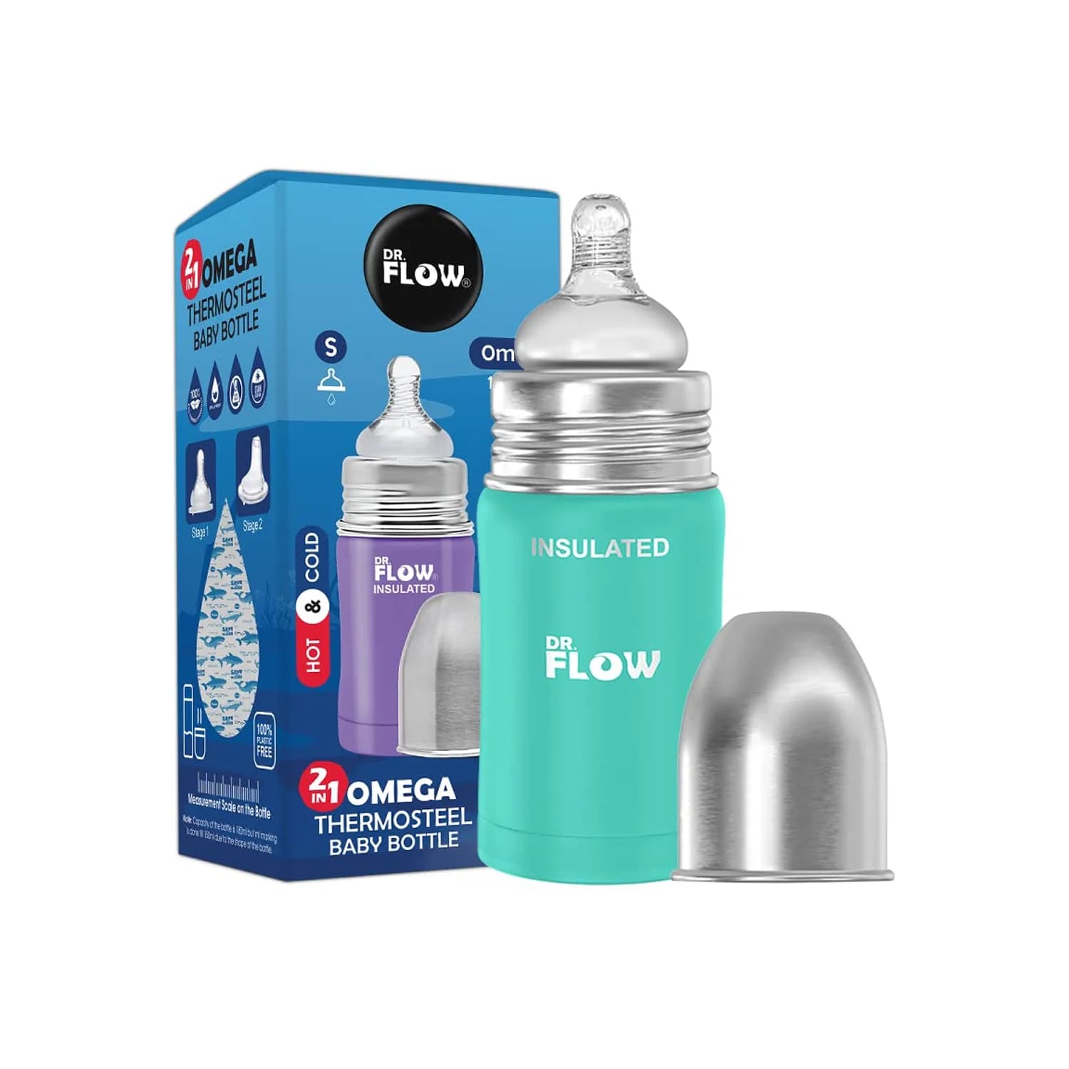 Dr.Flow 2in 1 Omega Insulated Stainless Steel Feeding Bottle for Babies from 0+ Months (180ml)