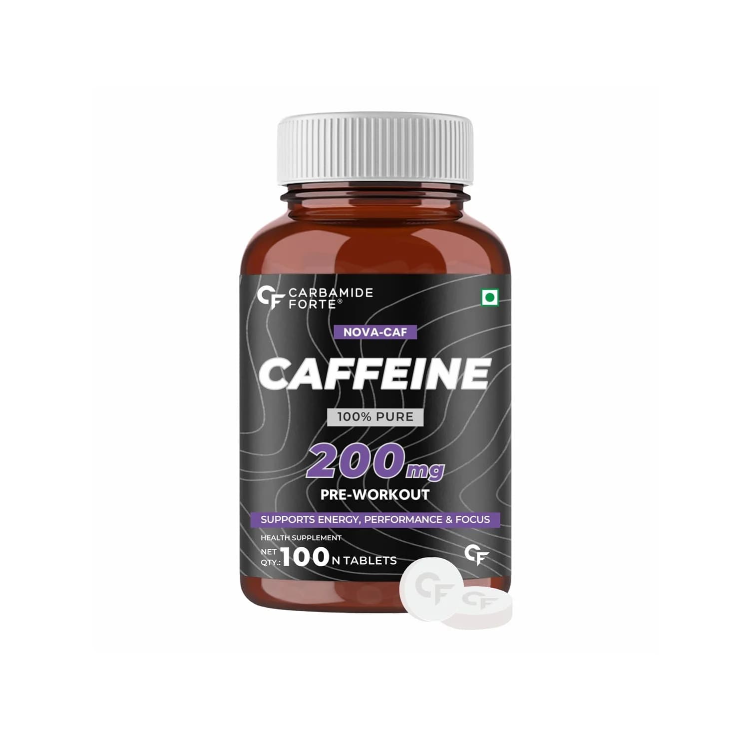 Carbamide Forte Caffeine 200mg Pre-Workout for Energy, Performance and Focus (100 Tablets)