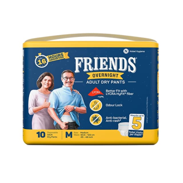 Friends Overnight Adult Diapers, Pant Style, 16 Hours Protection Medium Waist Size 63.5 -122 cm (10 Diapers)